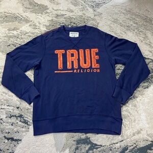 True Religion Sweatshirt Sz Large Blue Cotton Spell Out Logo Terry Knit Ribbed